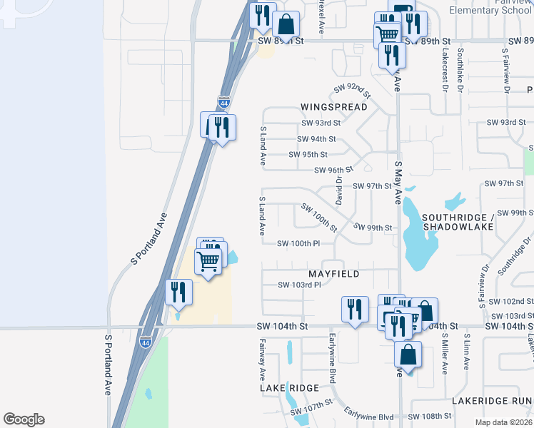 map of restaurants, bars, coffee shops, grocery stores, and more near 10108 South Land Avenue in Oklahoma City