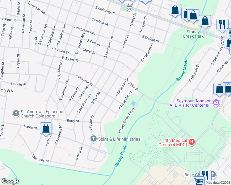 map of restaurants, bars, coffee shops, grocery stores, and more near 615 South Claiborne Street in Goldsboro