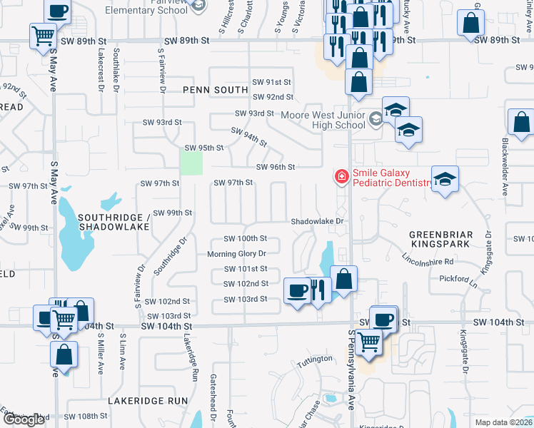 map of restaurants, bars, coffee shops, grocery stores, and more near 2315 Shadowlake Drive in Oklahoma City