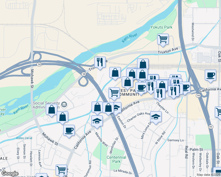 map of restaurants, bars, coffee shops, grocery stores, and more near 4700 Easton Drive in Bakersfield