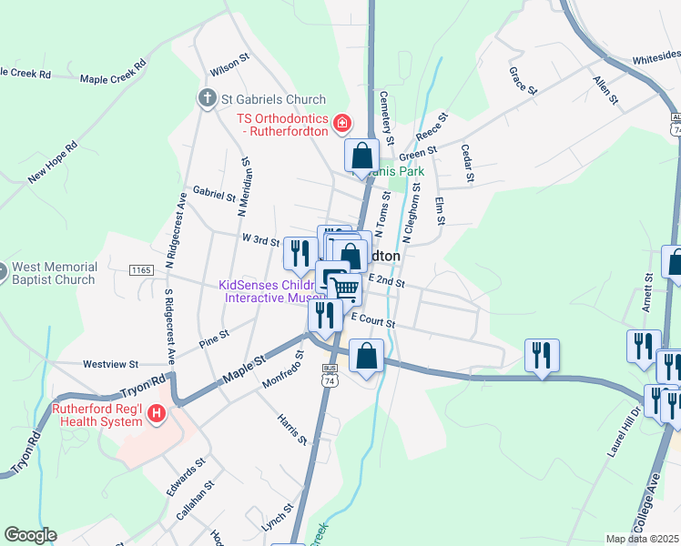map of restaurants, bars, coffee shops, grocery stores, and more near 111 West 2nd Street in Rutherfordton