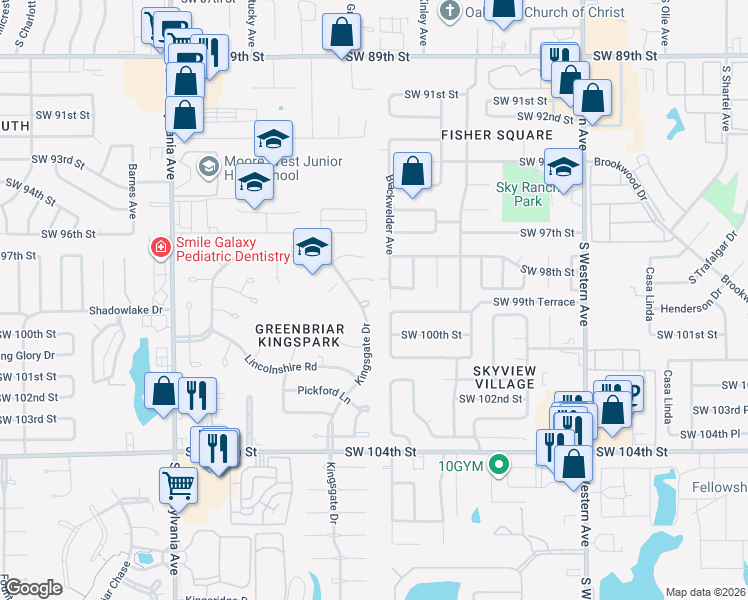 map of restaurants, bars, coffee shops, grocery stores, and more near 10020 Kingsgate Drive in Oklahoma City