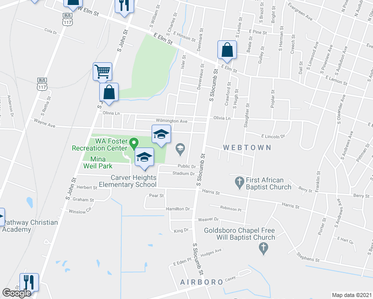 map of restaurants, bars, coffee shops, grocery stores, and more near 1101 South Devereaux Street in Goldsboro