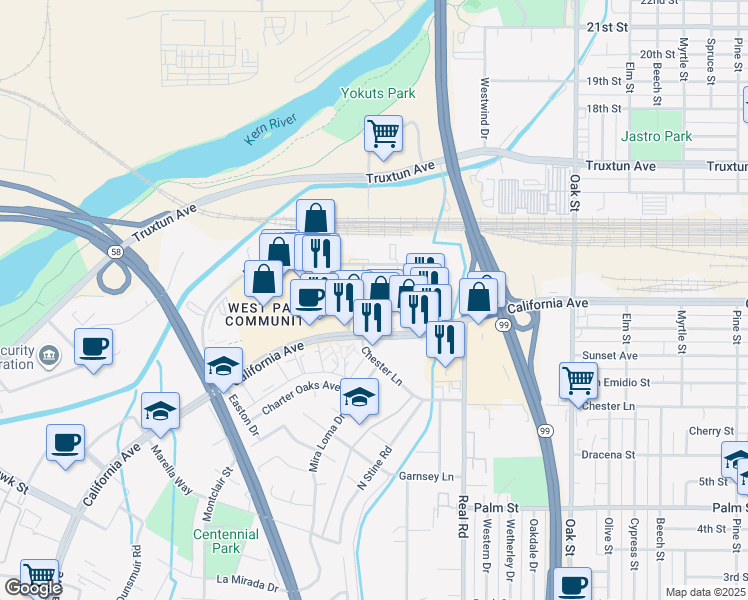 map of restaurants, bars, coffee shops, grocery stores, and more near 4241 Chester Lane in Bakersfield
