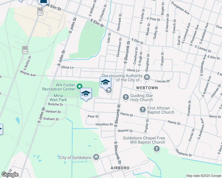 map of restaurants, bars, coffee shops, grocery stores, and more near 1101 South Devereaux Street in Goldsboro