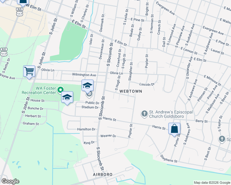 map of restaurants, bars, coffee shops, grocery stores, and more near 700 East Newsome Street in Goldsboro