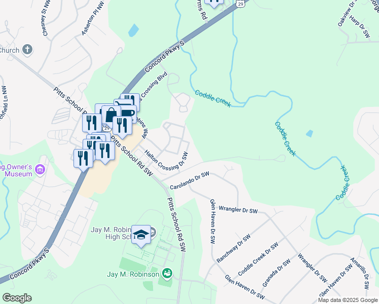 map of restaurants, bars, coffee shops, grocery stores, and more near 358 Halton Crossing Drive Southwest in Concord