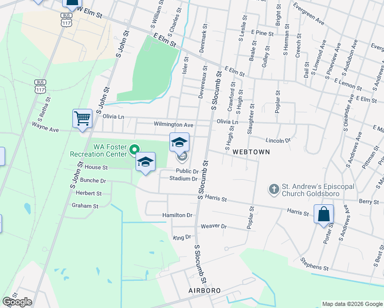 map of restaurants, bars, coffee shops, grocery stores, and more near 1114 Devereaux Street in Goldsboro