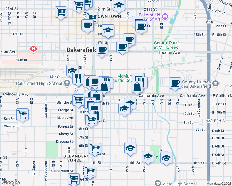 map of restaurants, bars, coffee shops, grocery stores, and more near 1212 California Avenue in Bakersfield