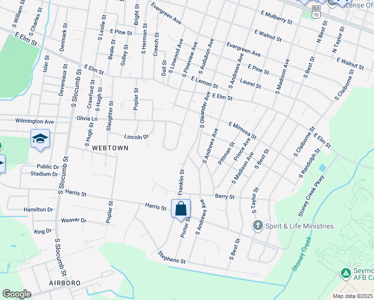 map of restaurants, bars, coffee shops, grocery stores, and more near 721 Franklin Street in Goldsboro