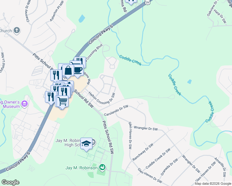 map of restaurants, bars, coffee shops, grocery stores, and more near 358 Halton Crossing Drive Southwest in Concord