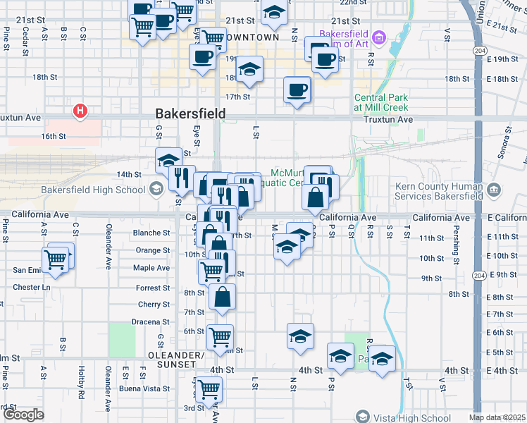 map of restaurants, bars, coffee shops, grocery stores, and more near 1212 California Avenue in Bakersfield