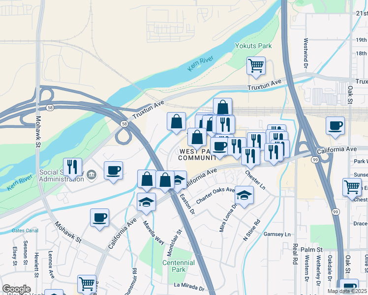 map of restaurants, bars, coffee shops, grocery stores, and more near 4611 Easton Drive in Bakersfield