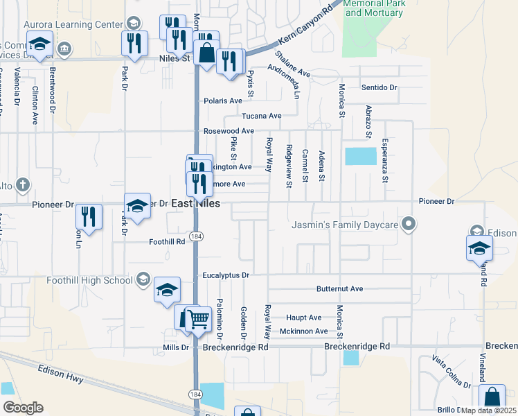 map of restaurants, bars, coffee shops, grocery stores, and more near 8328 Orange Blossom Avenue in Bakersfield