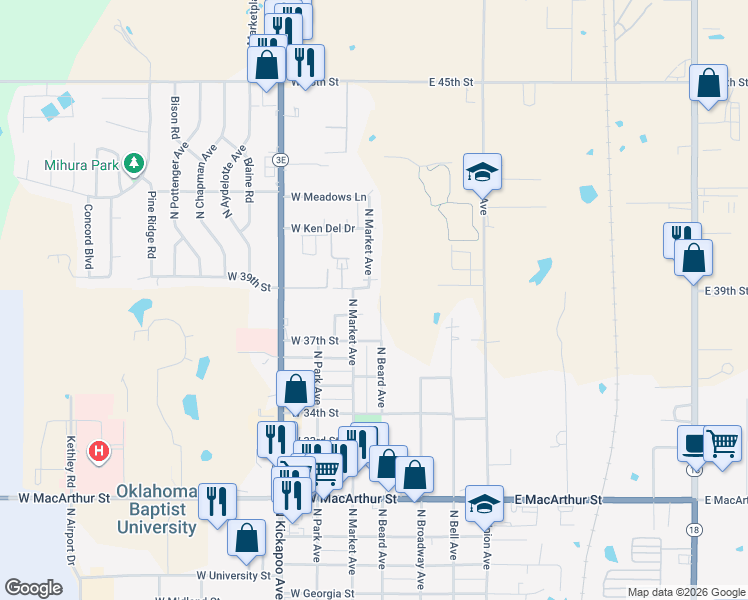 map of restaurants, bars, coffee shops, grocery stores, and more near 3804 North Beard Avenue in Shawnee