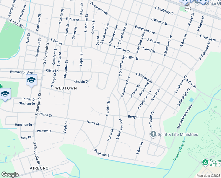 map of restaurants, bars, coffee shops, grocery stores, and more near 721 Franklin Street in Goldsboro