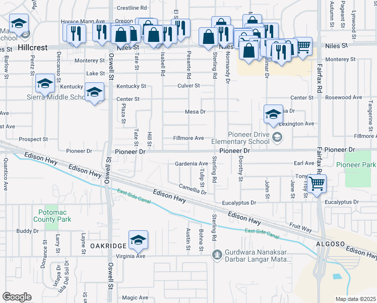 map of restaurants, bars, coffee shops, grocery stores, and more near Pioneer Drive & Pesante Road in Bakersfield