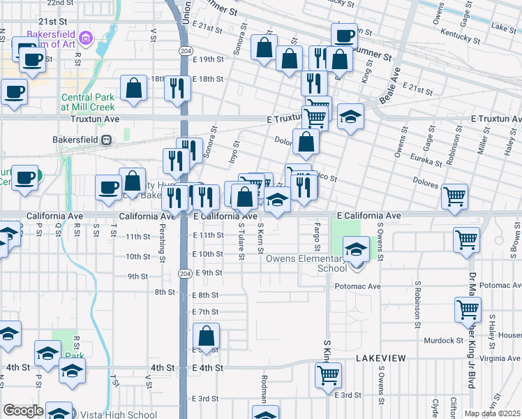 map of restaurants, bars, coffee shops, grocery stores, and more near 614 East California Avenue in Bakersfield