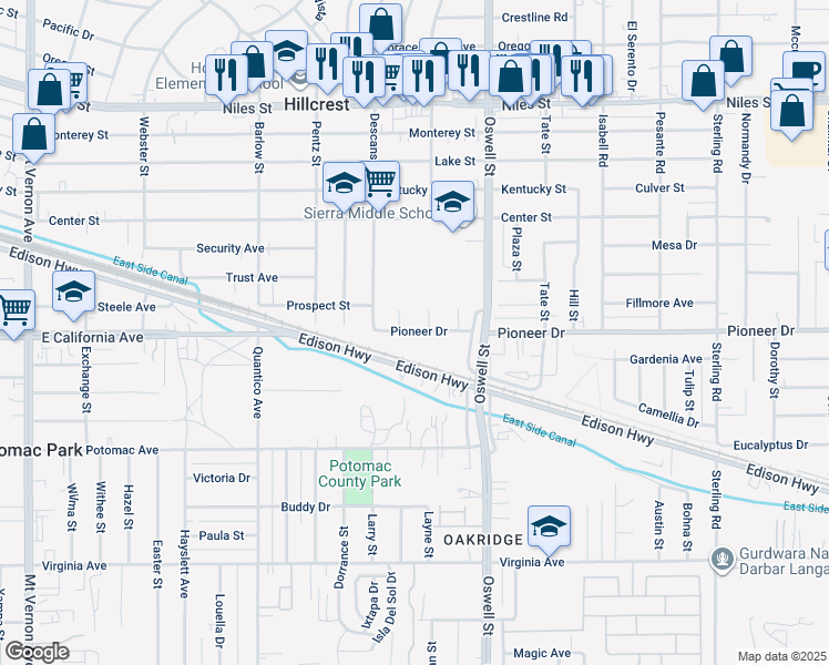 map of restaurants, bars, coffee shops, grocery stores, and more near 2903 Pioneer Drive in Bakersfield