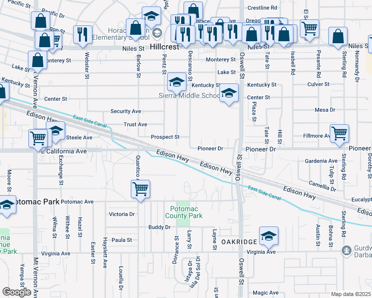 map of restaurants, bars, coffee shops, grocery stores, and more near 600 Descanso Street in Bakersfield