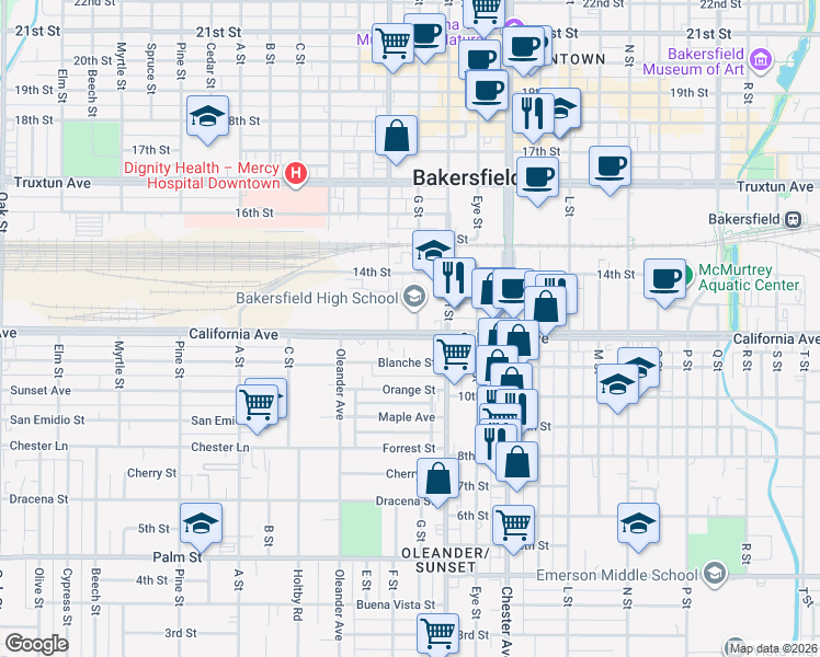map of restaurants, bars, coffee shops, grocery stores, and more near in Bakersfield