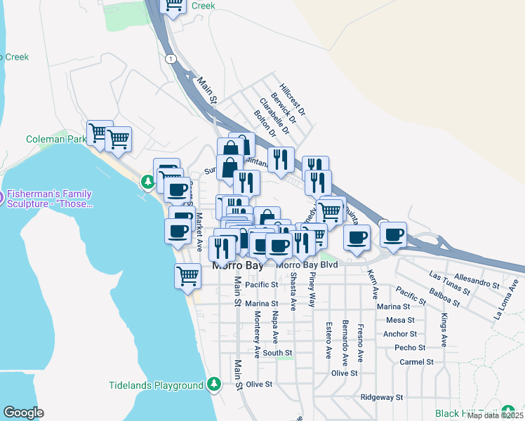 map of restaurants, bars, coffee shops, grocery stores, and more near 124 Beach Street in Morro Bay