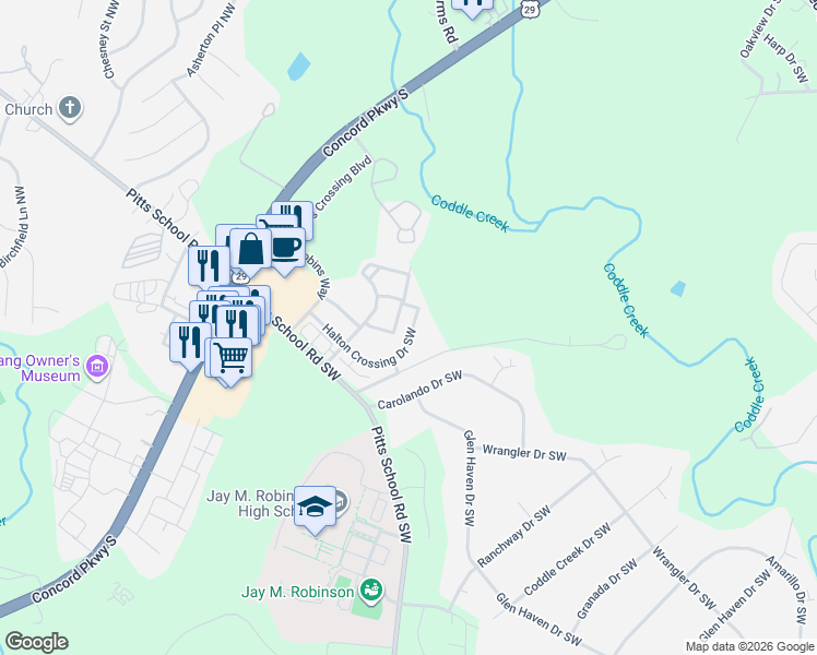 map of restaurants, bars, coffee shops, grocery stores, and more near 337 Halton Crossing Drive Southwest in Concord