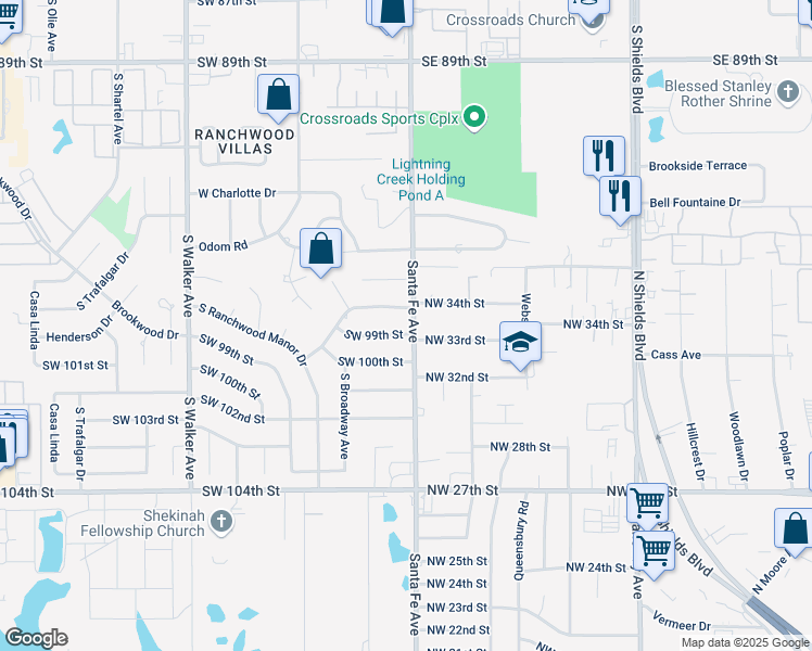 map of restaurants, bars, coffee shops, grocery stores, and more near 3420 North Santa Fe Avenue in Moore