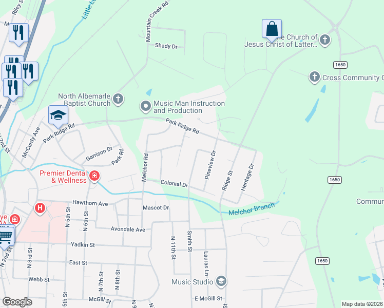map of restaurants, bars, coffee shops, grocery stores, and more near 1121 Smith Street in Albemarle