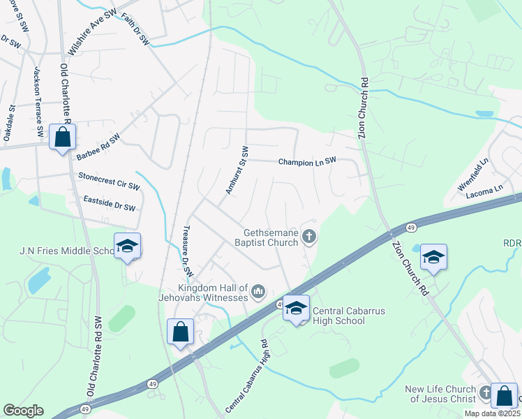 map of restaurants, bars, coffee shops, grocery stores, and more near 371 Queens Drive Southwest in Concord