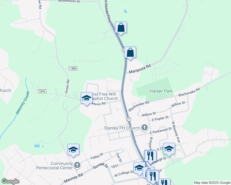 map of restaurants, bars, coffee shops, grocery stores, and more near 107 Rollins Street in Stanley
