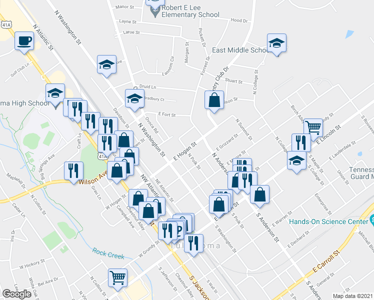 map of restaurants, bars, coffee shops, grocery stores, and more near 498 North Polk Street in Tullahoma