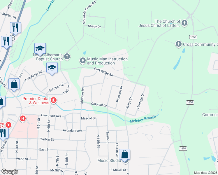 map of restaurants, bars, coffee shops, grocery stores, and more near 1121 Smith Street in Albemarle