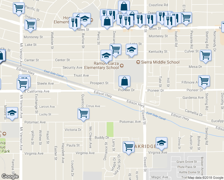 map of restaurants, bars, coffee shops, grocery stores, and more near 600 Descanso Street in Bakersfield