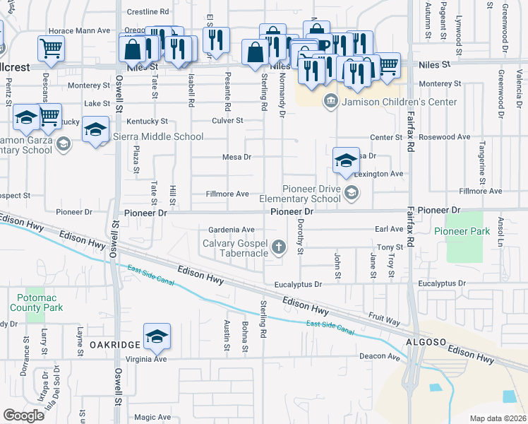 map of restaurants, bars, coffee shops, grocery stores, and more near Pioneer Drive & Sterling Road in Bakersfield