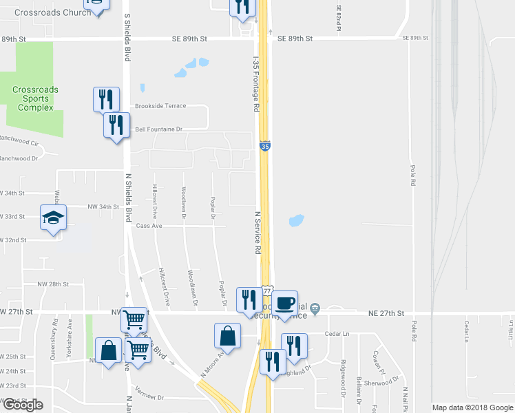 map of restaurants, bars, coffee shops, grocery stores, and more near 3513 North Service Road in Moore