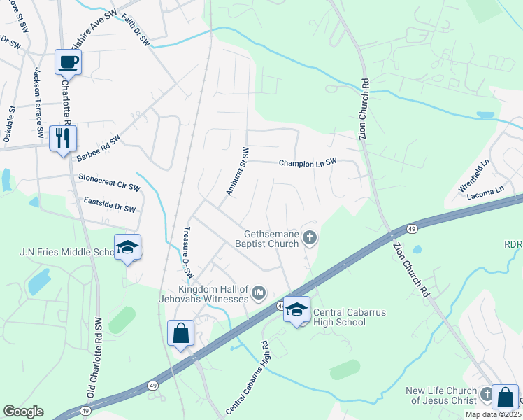 map of restaurants, bars, coffee shops, grocery stores, and more near 371 Queens Drive Southwest in Concord