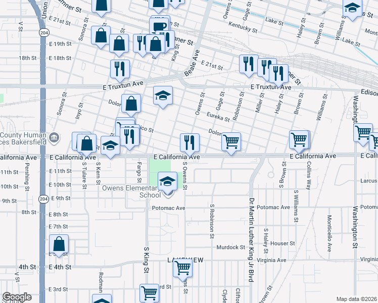 map of restaurants, bars, coffee shops, grocery stores, and more near 1000 East California Avenue in Bakersfield