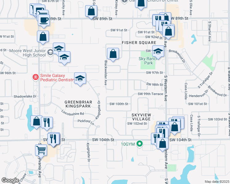 map of restaurants, bars, coffee shops, grocery stores, and more near 1200 Southwest 99th Street in Oklahoma City