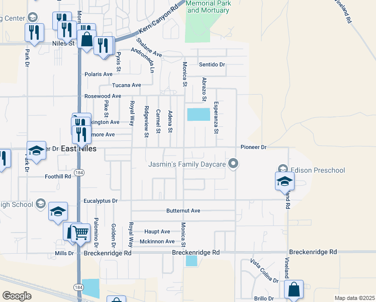 map of restaurants, bars, coffee shops, grocery stores, and more near 1138 Timber Wolf Court in Bakersfield