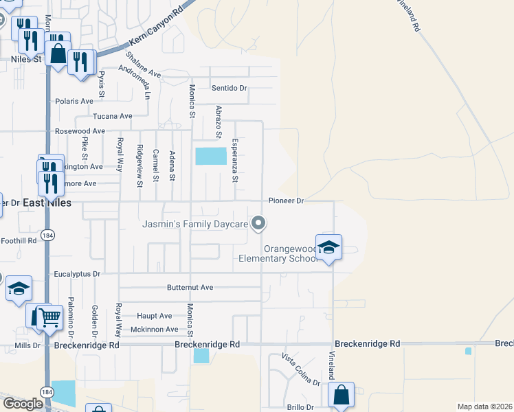 map of restaurants, bars, coffee shops, grocery stores, and more near 1126 Gargano Road in Bakersfield