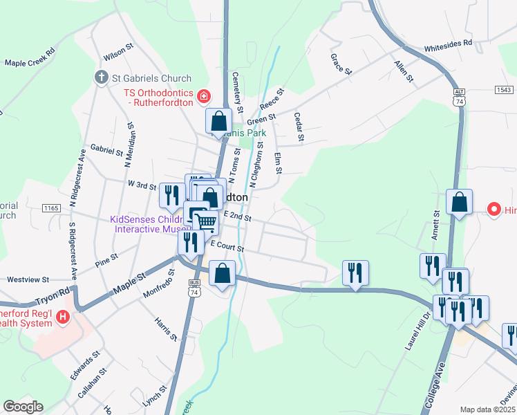 map of restaurants, bars, coffee shops, grocery stores, and more near 230 North Cleghorn Street in Rutherfordton