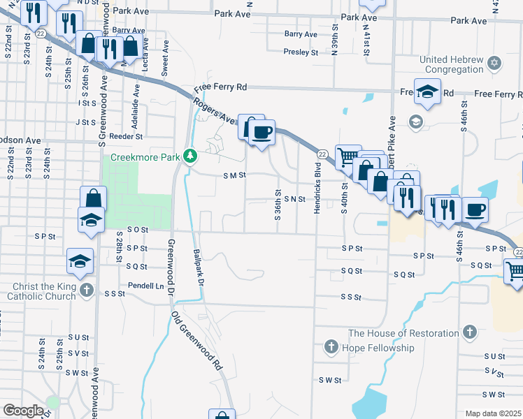 map of restaurants, bars, coffee shops, grocery stores, and more near 3500 South N Street in Fort Smith