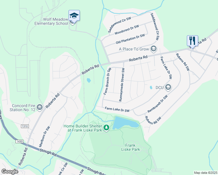 map of restaurants, bars, coffee shops, grocery stores, and more near 1264 Farm Branch Drive Southwest in Concord