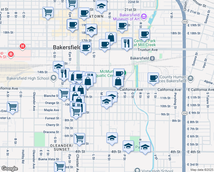 map of restaurants, bars, coffee shops, grocery stores, and more near 1119 California Avenue in Bakersfield
