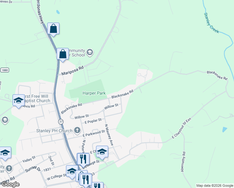 map of restaurants, bars, coffee shops, grocery stores, and more near 406 Blacksnake Road in Stanley