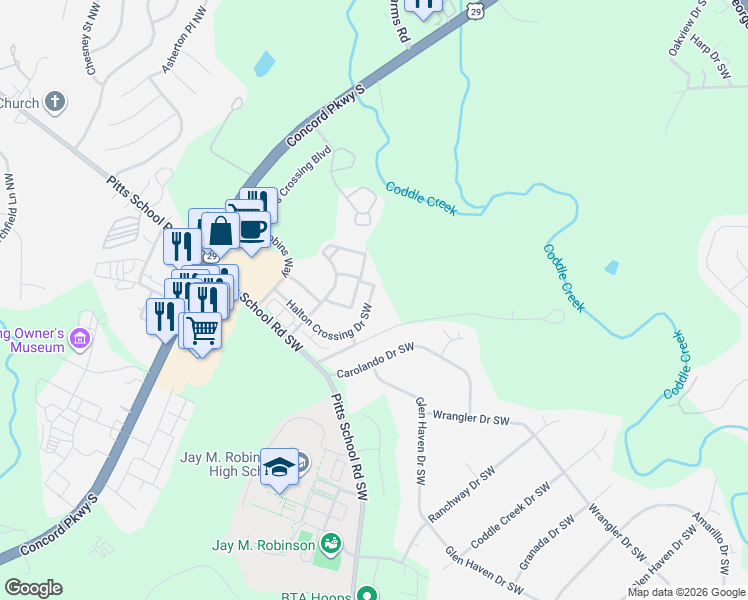 map of restaurants, bars, coffee shops, grocery stores, and more near 358 Halton Crossing Drive Southwest in Concord