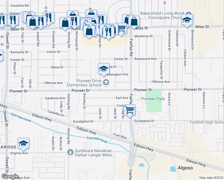 map of restaurants, bars, coffee shops, grocery stores, and more near 4417 Pioneer Drive in Bakersfield