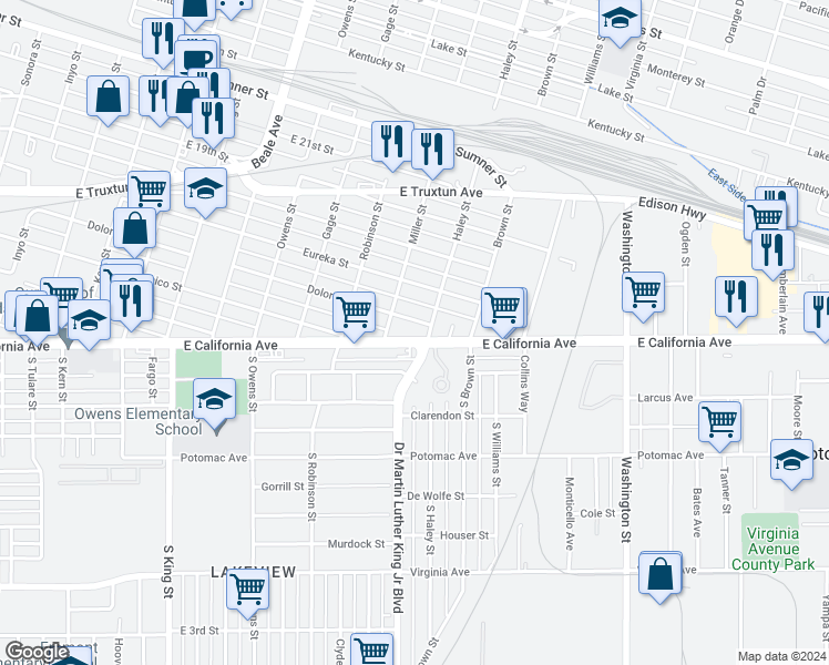 map of restaurants, bars, coffee shops, grocery stores, and more near 1328 East California Avenue in Bakersfield