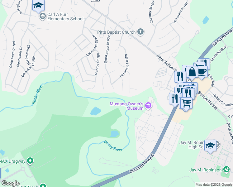 map of restaurants, bars, coffee shops, grocery stores, and more near 5998 Brookstone Drive Northwest in Concord
